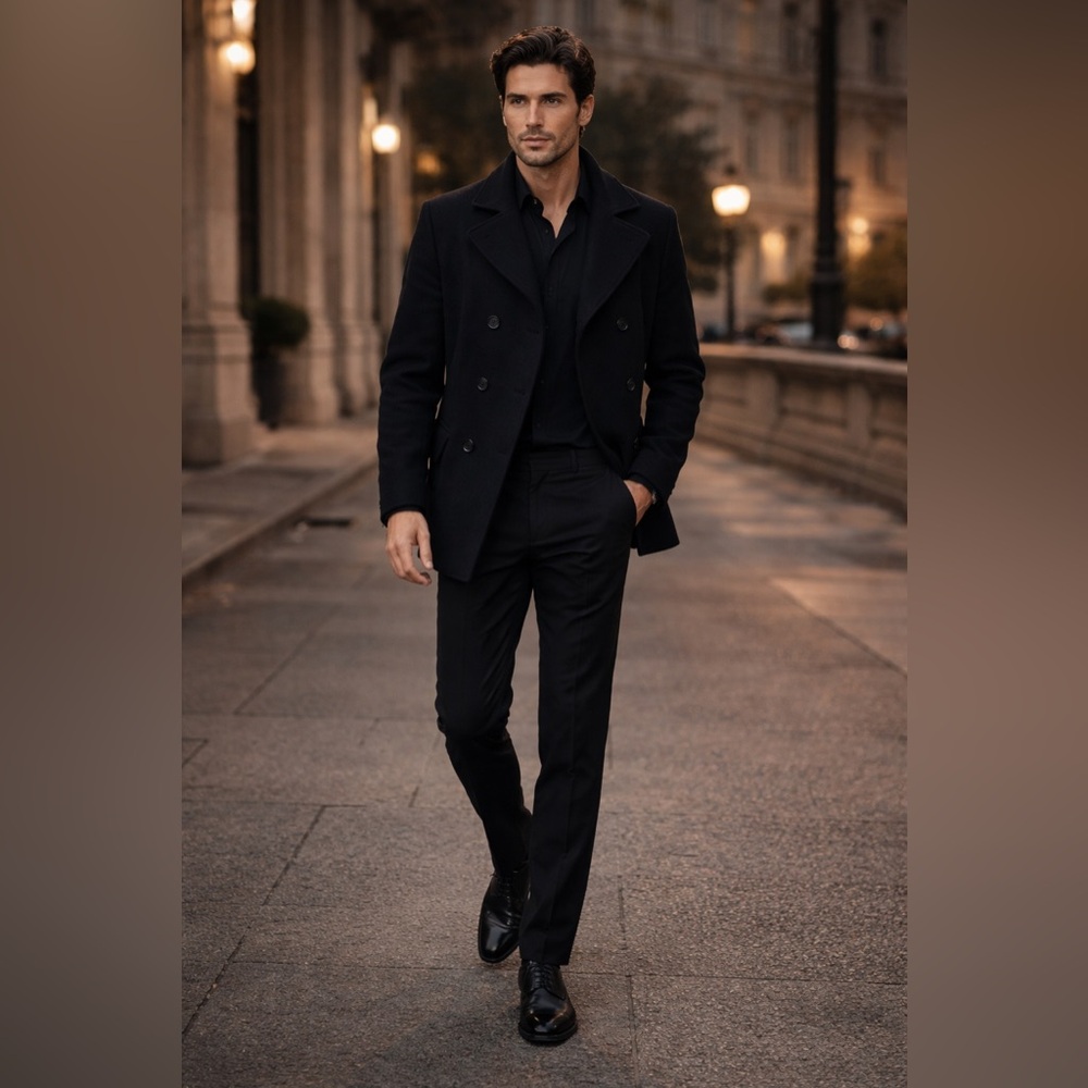 Almost new Men's Black Pea Coat - Classic Double-Breasted Outerwear